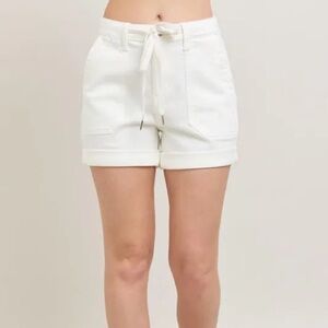Judy Blue White Cargo Denim Shorts High Waist Cuff Relaxed Fit Small
